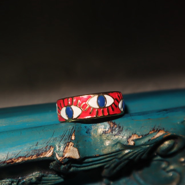 Red/Orange Evil Eye Pattern Gold Ring